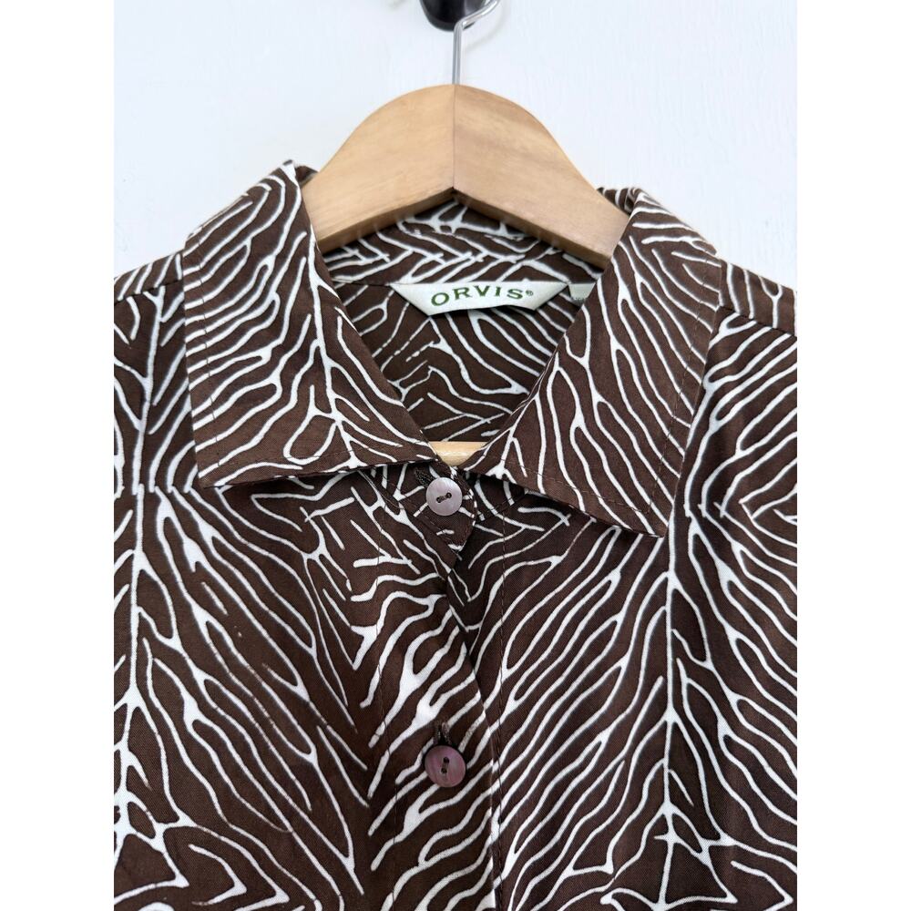 ORVIS 100% rayon brown white safari comfortable button up short sleeve top shirt - Picture 5 of 7
